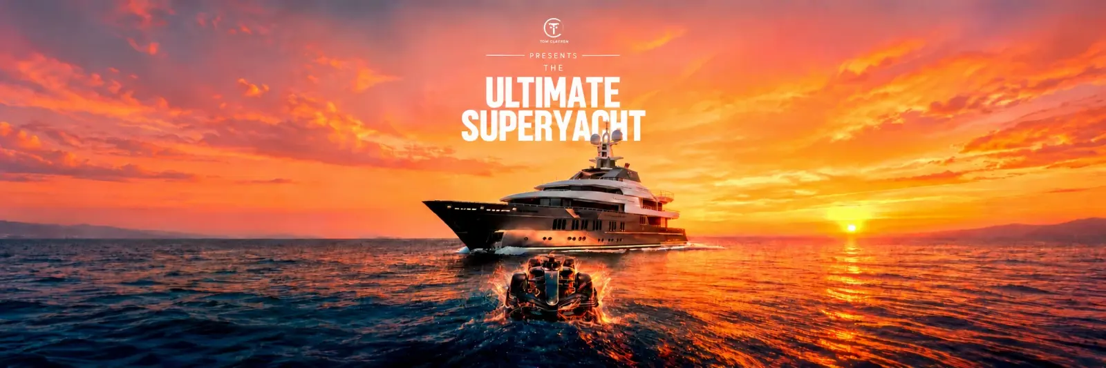 The Ultimate Superyacht at sunset in Monaco, a Formula 1 car racing on the water in front of it